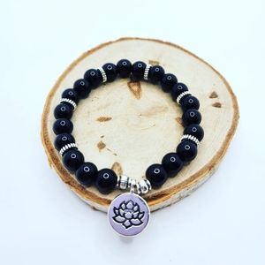 Black Agate Lotus Charm bracelet 8 mm